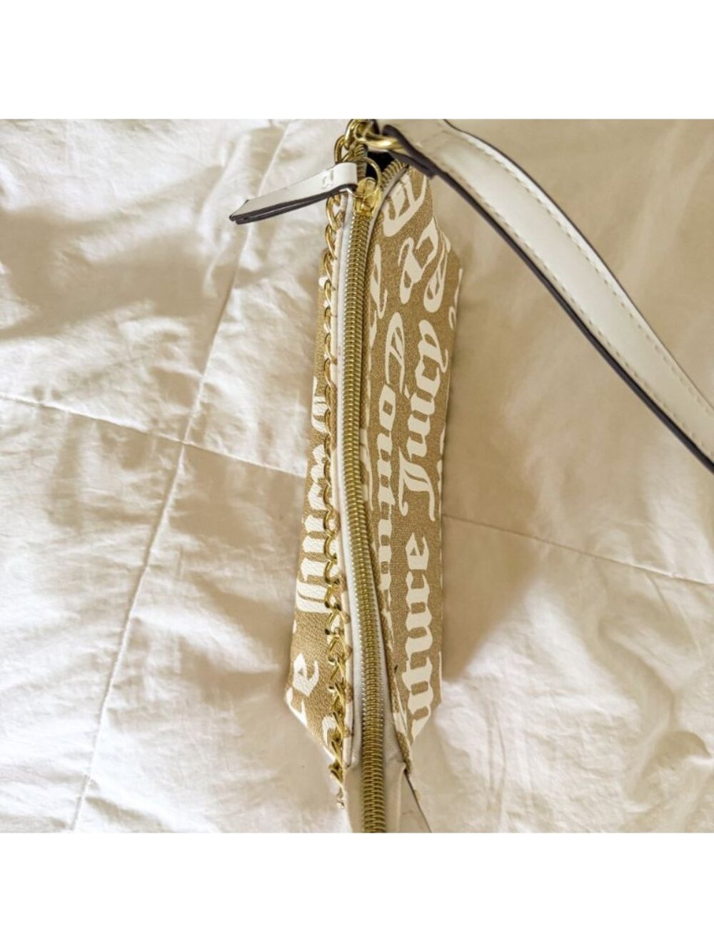 Juicy Couture Y2K Canvas Logo Baguette Shoulder Bag Beige White Chain - Picture 5 of 7